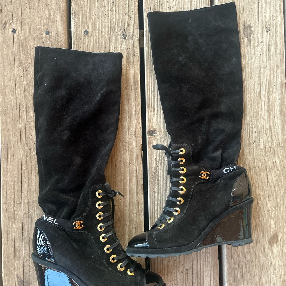CHANEL Black Lace-Up Knee-High Boots - Picture 2 of 5